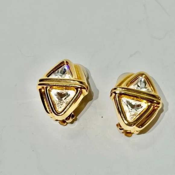 Vintage Swarovski Gold Triangle Clip-On Earrings - Picture 1 of 12